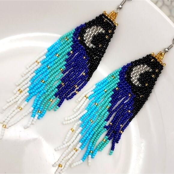 Starlight Starbright Blue Beaded Crescent Moon Earrings - Picture 1 of 5